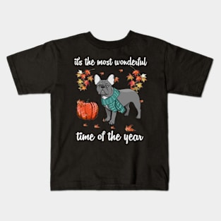 French Bulldog Dog Autumn Fall Most Wonderful Time Maple Kids T-Shirt